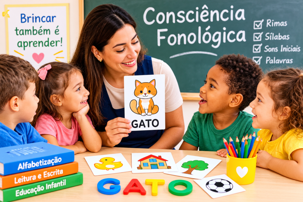 Professora desenvolvendo a consciência fonológica com crianças por meio de letras, palavras e cartões ilustrados em sala de aula.