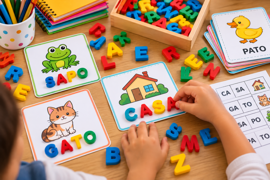 Criança formando palavras como casa, sapo, gato e pato com letras móveis coloridas e cartões ilustrados em uma atividade de alfabetização.