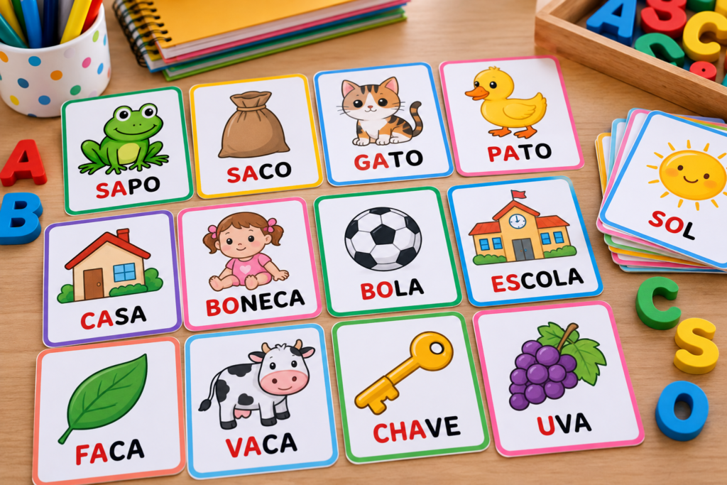 Cartões ilustrados com figuras e palavras como sapo, gato, pato, casa e bola para desenvolver a consciência fonológica na alfabetização.