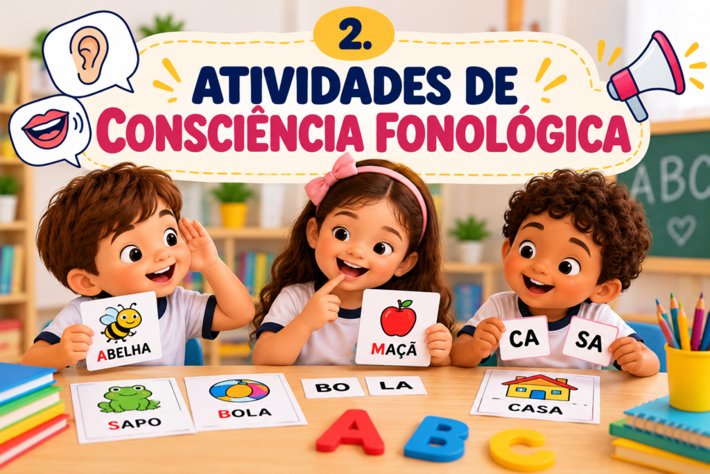 Crianças realizando atividades de consciência fonológica com cartões ilustrados de abelha, maçã, sapo, bola e casa, explorando sons, sílabas e formação de palavras.