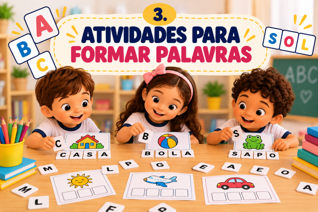 Crianças formando palavras com letras móveis e cartões ilustrados de casa, bola e sapo, durante uma atividade de alfabetização em sala de aula.