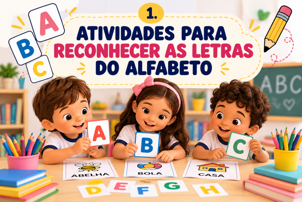 Crianças reconhecendo as letras A, B e C em cartões ilustrados com abelha, bola e casa, em uma sala de aula colorida.