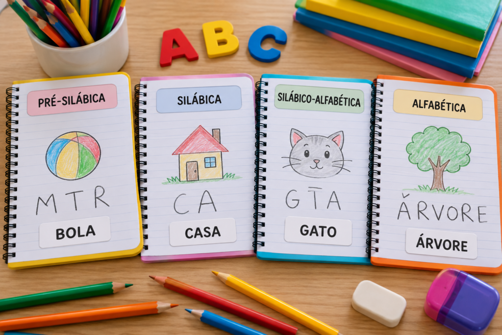 Exemplos ilustrativos das hipóteses pré-silábica, silábica, silábico-alfabética e alfabética em cadernos de alfabetização.