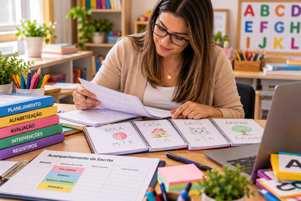 Professora analisando cadernos e produções escritas dos alunos para planejar intervenções pedagógicas na alfabetização.